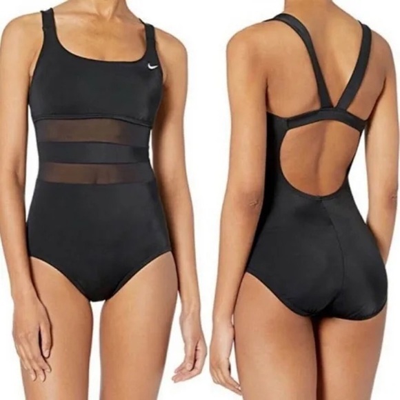 Nike Mesh Solid Edge V-Back One Piece Swimsuit, Black, Medium - NWT - Picture 1 of 6